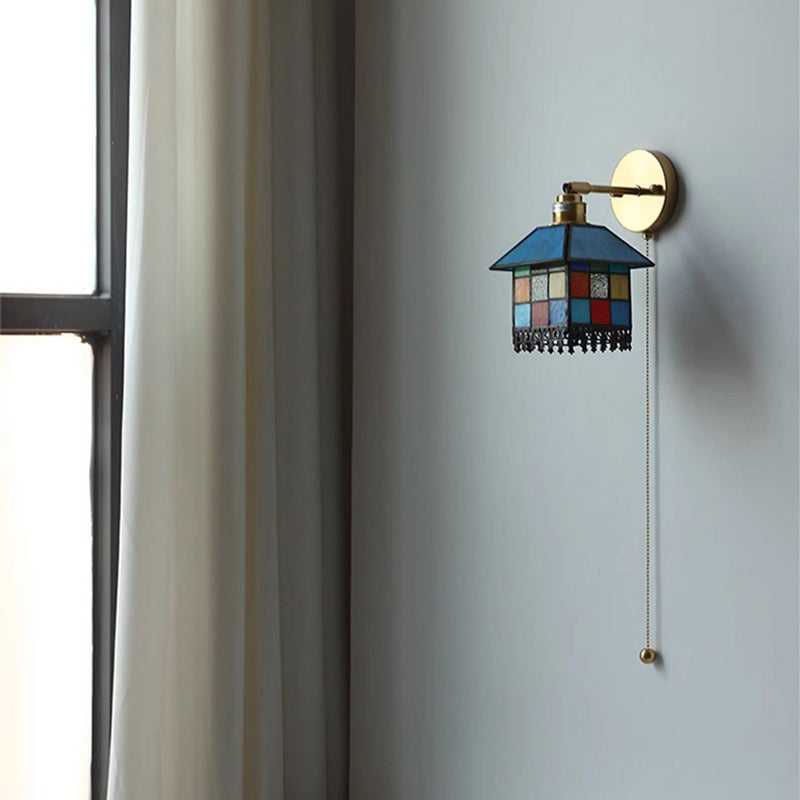 Traditional Japanese Rectangular Copper Glass 1-Light Wall Sconce Lamp For Living Room
