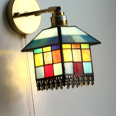 Traditional Japanese Rectangular Copper Glass 1-Light Wall Sconce Lamp For Living Room