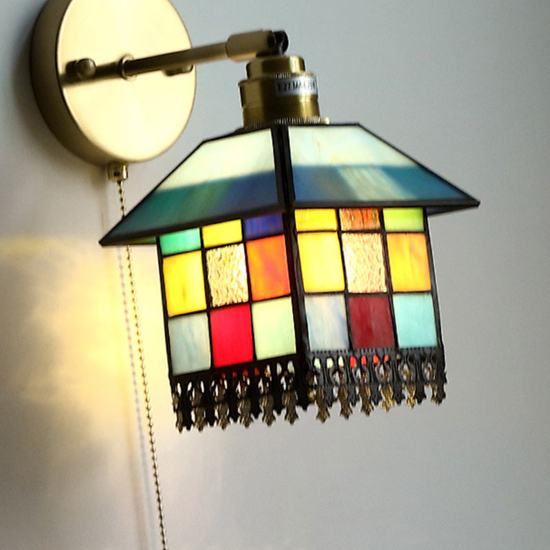 Traditional Japanese Rectangular Copper Glass 1-Light Wall Sconce Lamp For Living Room