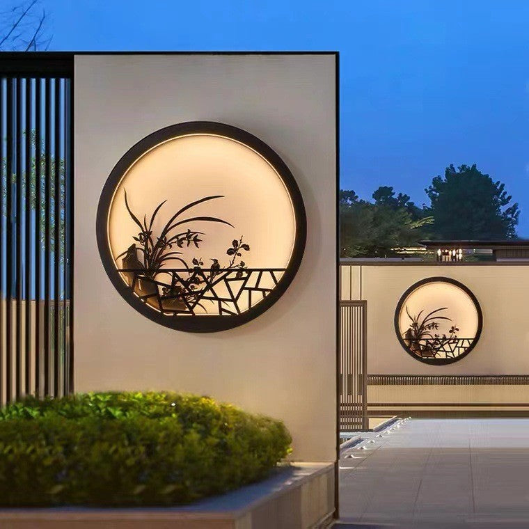 Traditionelle chinesische runde Eisen-Acryl-LED-Wandleuchte für den Garten 