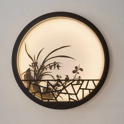 Applique murale LED ronde en fer acrylique chinois traditionnel pour jardin 