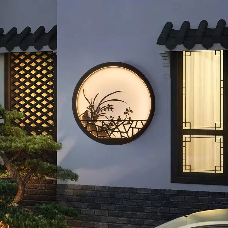 Traditionelle chinesische runde Eisen-Acryl-LED-Wandleuchte für den Garten 