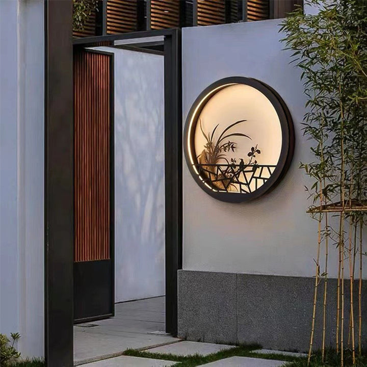 Traditionelle chinesische runde Eisen-Acryl-LED-Wandleuchte für den Garten 
