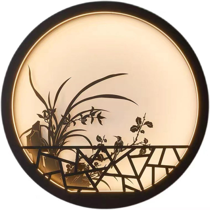 Traditionelle chinesische runde Eisen-Acryl-LED-Wandleuchte für den Garten 