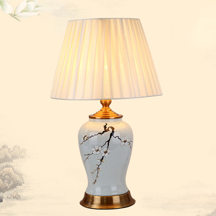 Traditionelle Chinesische Trommel Eisen Keramik Stoff 1-Licht Tischlampe für Wohnzimmer 
