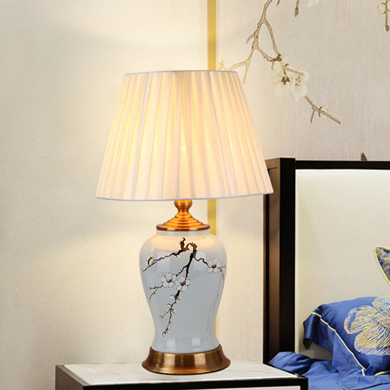 Traditionelle Chinesische Trommel Eisen Keramik Stoff 1-Licht Tischlampe für Wohnzimmer 