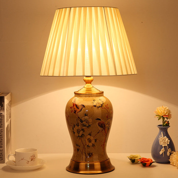 Traditionelle Chinesische Trommel Eisen Keramik Stoff 1-Licht Tischlampe für Wohnzimmer 