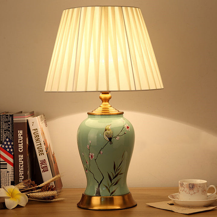 Traditionelle Chinesische Trommel Eisen Keramik Stoff 1-Licht Tischlampe für Wohnzimmer 