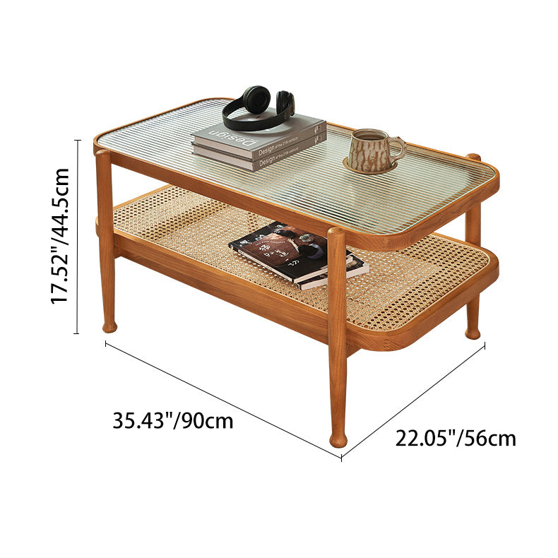 Traditioneller rechteckiger Couchtisch aus Eschenholz und Glas im japanischen Stil, 2 Ebenen, für das Wohnzimmer 