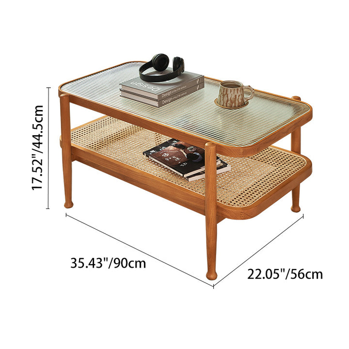 Traditioneller rechteckiger Couchtisch aus Eschenholz und Glas im japanischen Stil, 2 Ebenen, für das Wohnzimmer 