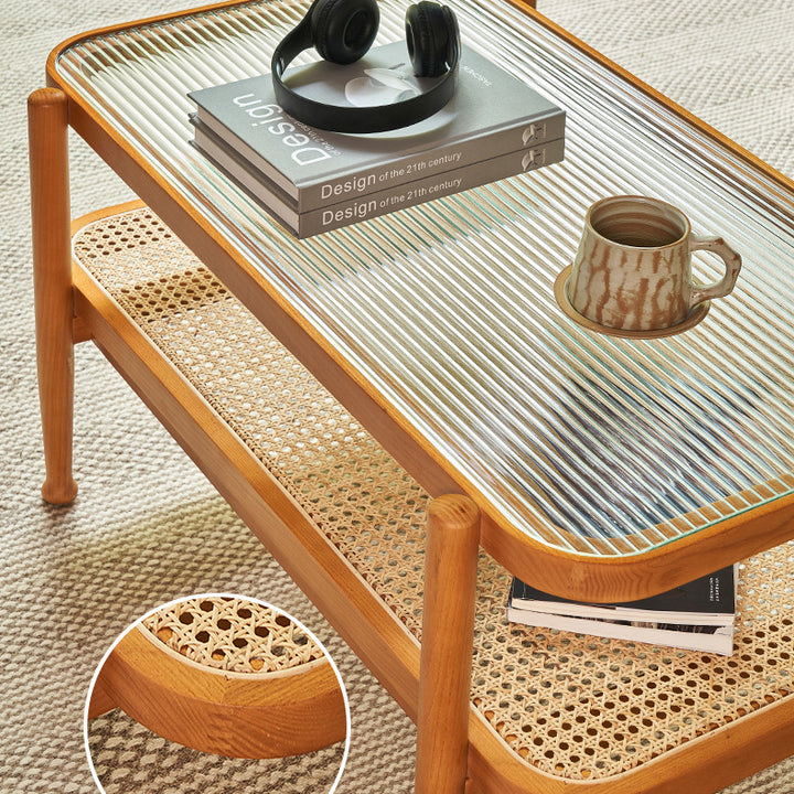 Traditioneller rechteckiger Couchtisch aus Eschenholz und Glas im japanischen Stil, 2 Ebenen, für das Wohnzimmer 