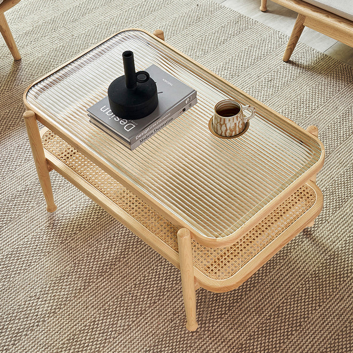 Traditioneller rechteckiger Couchtisch aus Eschenholz und Glas im japanischen Stil, 2 Ebenen, für das Wohnzimmer 