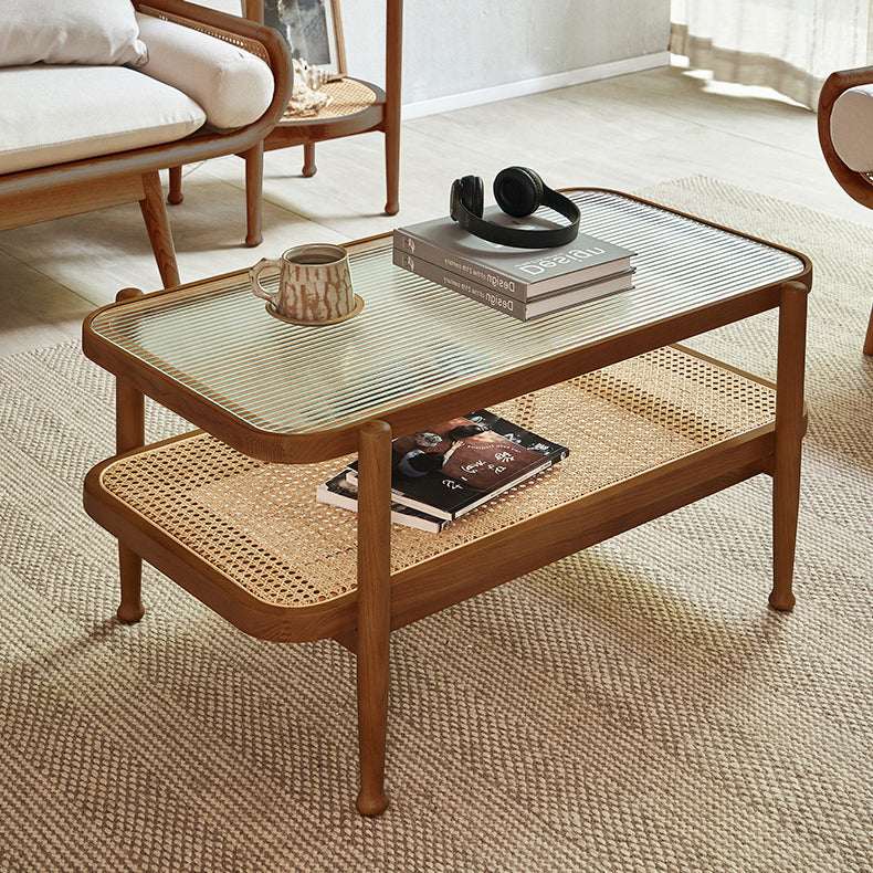 Traditioneller rechteckiger Couchtisch aus Eschenholz und Glas im japanischen Stil, 2 Ebenen, für das Wohnzimmer 