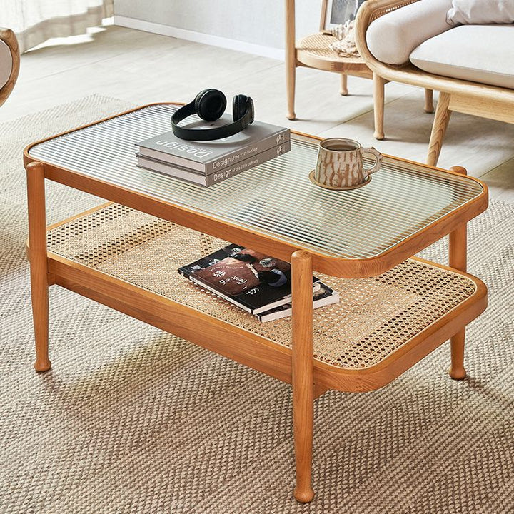 Traditioneller rechteckiger Couchtisch aus Eschenholz und Glas im japanischen Stil, 2 Ebenen, für das Wohnzimmer 