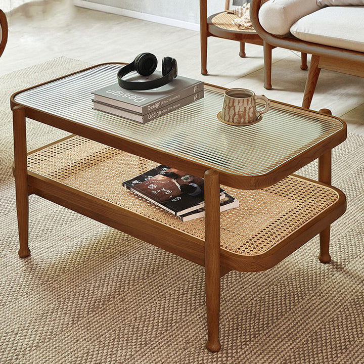 Traditioneller rechteckiger Couchtisch aus Eschenholz und Glas im japanischen Stil, 2 Ebenen, für das Wohnzimmer 