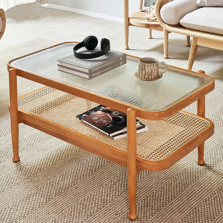 Traditioneller rechteckiger Couchtisch aus Eschenholz und Glas im japanischen Stil, 2 Ebenen, für das Wohnzimmer 