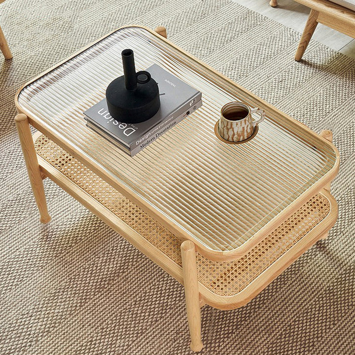 Traditioneller rechteckiger Couchtisch aus Eschenholz und Glas im japanischen Stil, 2 Ebenen, für das Wohnzimmer 