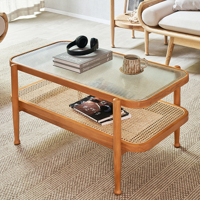 Traditioneller rechteckiger Couchtisch aus Eschenholz und Glas im japanischen Stil, 2 Ebenen, für das Wohnzimmer 