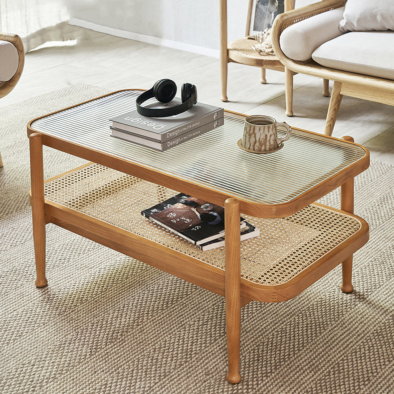 Traditioneller rechteckiger Couchtisch aus Eschenholz und Glas im japanischen Stil, 2 Ebenen, für das Wohnzimmer 