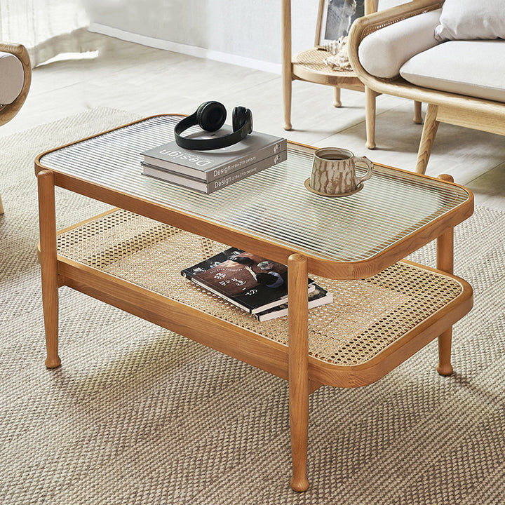 Traditioneller rechteckiger Couchtisch aus Eschenholz und Glas im japanischen Stil, 2 Ebenen, für das Wohnzimmer 