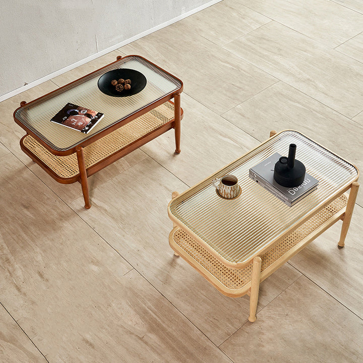 Traditioneller rechteckiger Couchtisch aus Eschenholz und Glas im japanischen Stil, 2 Ebenen, für das Wohnzimmer 