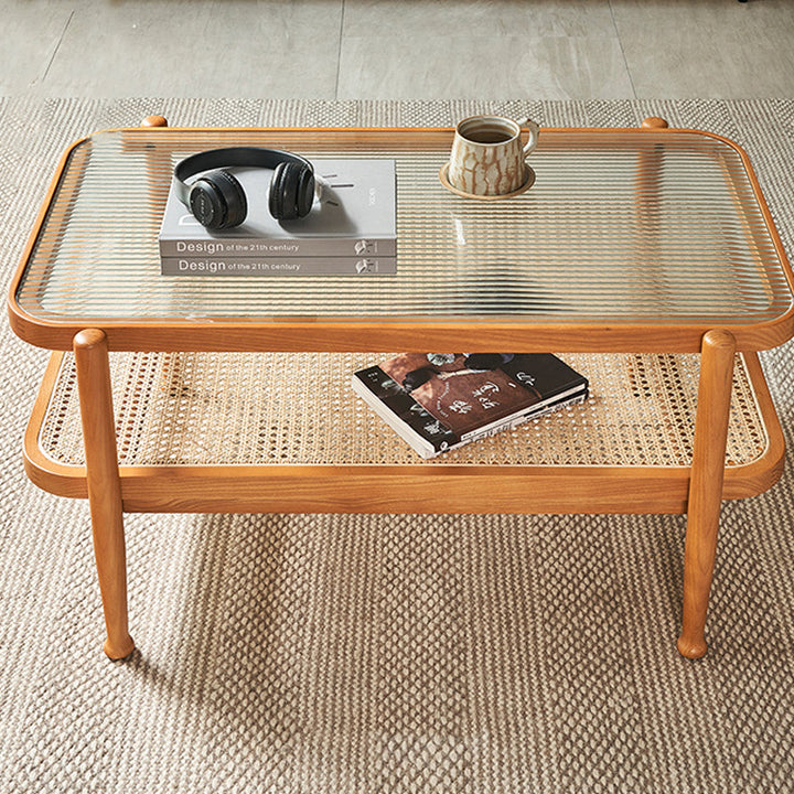 Traditioneller rechteckiger Couchtisch aus Eschenholz und Glas im japanischen Stil, 2 Ebenen, für das Wohnzimmer 