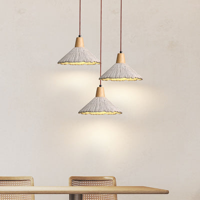 Traditional Japanese Cone Wood Cement 1-Light Pendant Light For Living Room