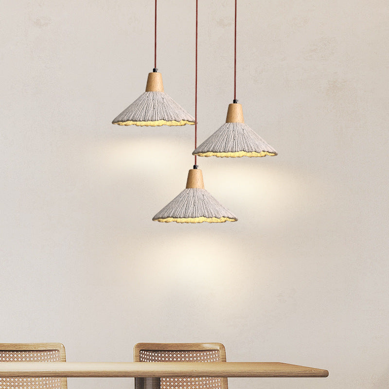 Traditional Japanese Cone Wood Cement 1-Light Pendant Light For Living Room