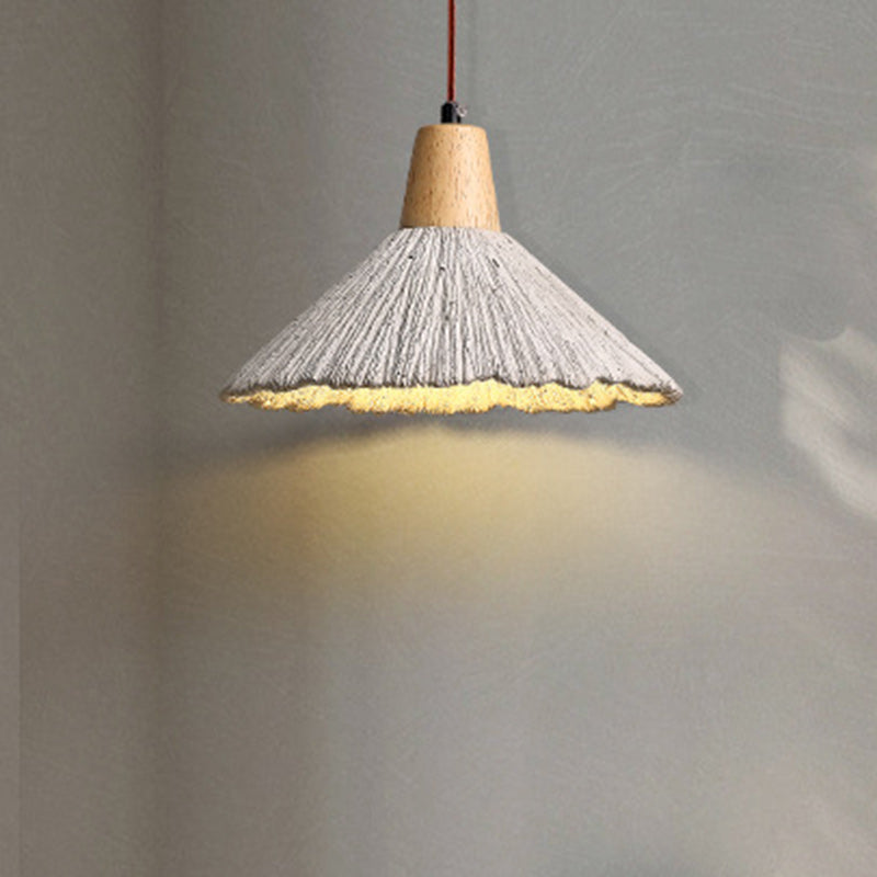 Traditional Japanese Cone Wood Cement 1-Light Pendant Light For Living Room