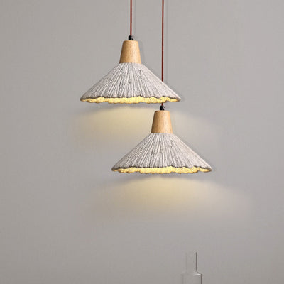 Traditional Japanese Cone Wood Cement 1-Light Pendant Light For Living Room