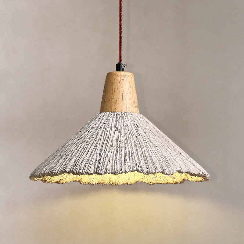 Traditional Japanese Cone Wood Cement 1-Light Pendant Light For Living Room