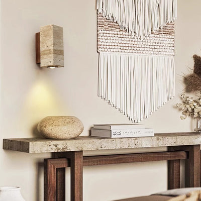 Traditional Japanese Rectangular Column Wood Stone 1-Light Wall Sconce Lamp For Living Room