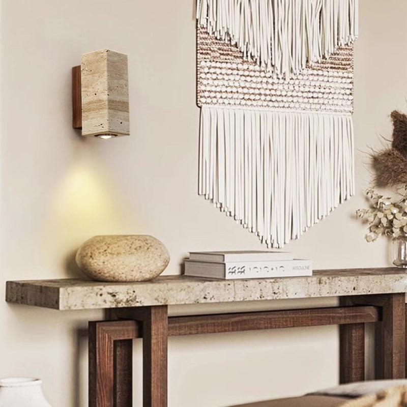 Traditional Japanese Rectangular Column Wood Stone 1-Light Wall Sconce Lamp For Living Room