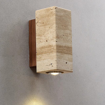 Traditional Japanese Rectangular Column Wood Stone 1-Light Wall Sconce Lamp For Living Room