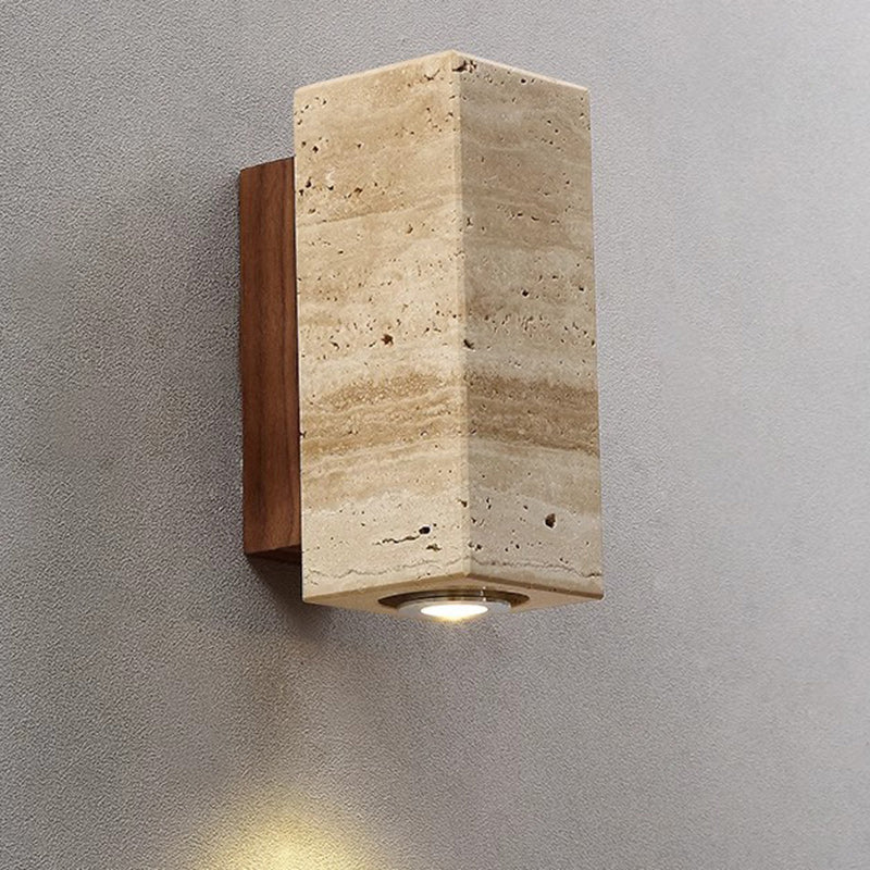 Traditional Japanese Rectangular Column Wood Stone 1-Light Wall Sconce Lamp For Living Room