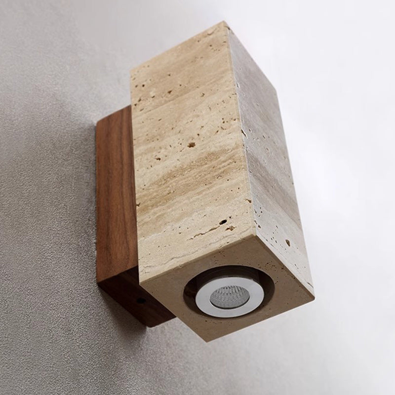 Traditional Japanese Rectangular Column Wood Stone 1-Light Wall Sconce Lamp For Living Room