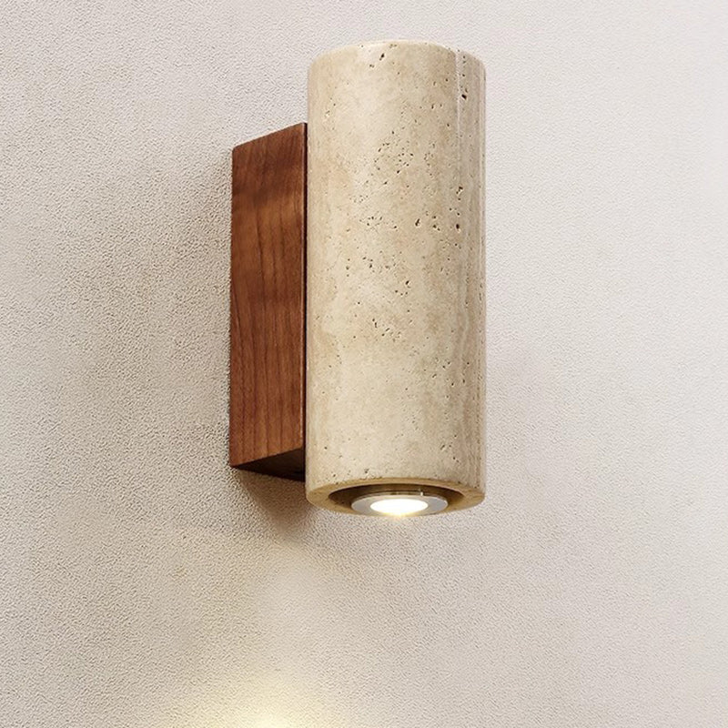 Traditional Japanese Rectangular Column Wood Stone 1-Light Wall Sconce Lamp For Living Room