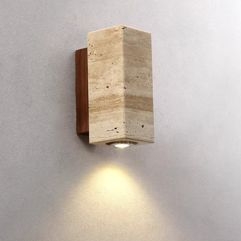Traditional Japanese Rectangular Column Wood Stone 1-Light Wall Sconce Lamp For Living Room