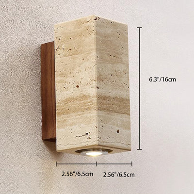 Traditional Japanese Rectangular Column Wood Stone 1-Light Wall Sconce Lamp For Living Room