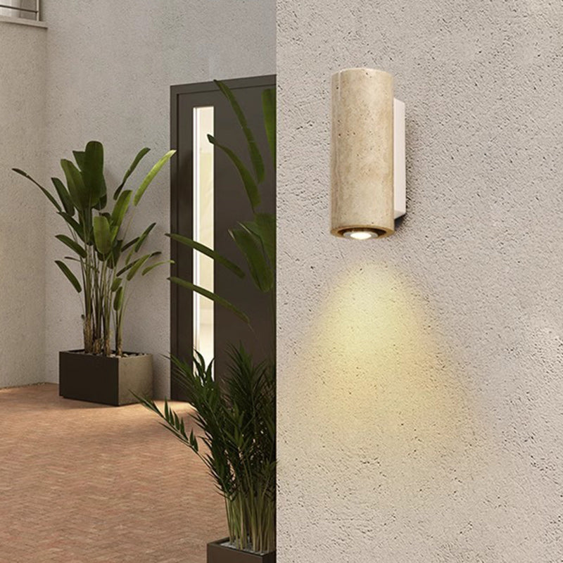 Traditional Japanese Rectangular Column Wood Stone 1-Light Wall Sconce Lamp For Living Room