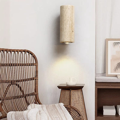 Traditional Japanese Rectangular Column Wood Stone 1-Light Wall Sconce Lamp For Living Room