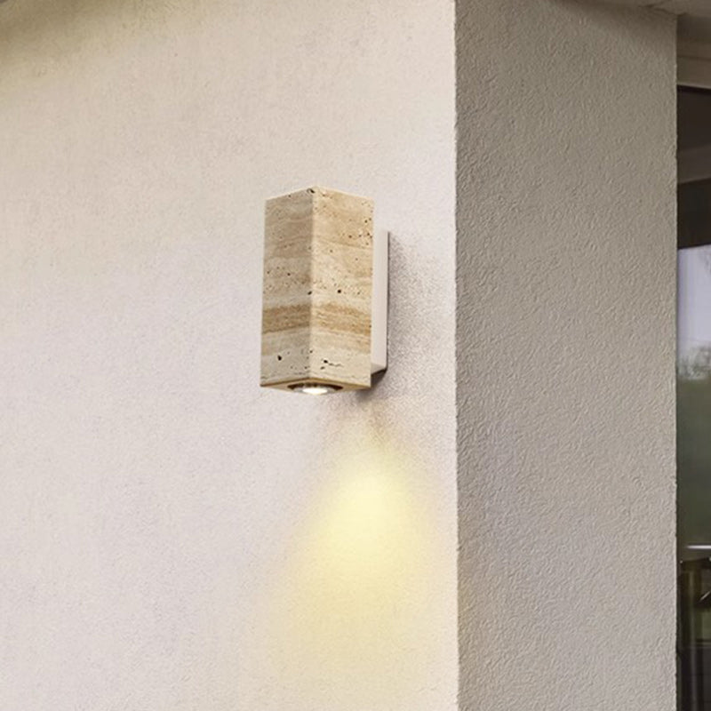 Traditional Japanese Rectangular Column Wood Stone 1-Light Wall Sconce Lamp For Living Room
