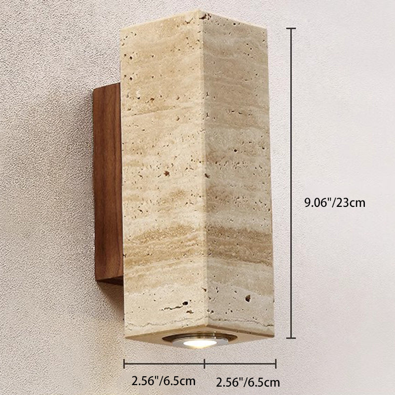 Traditional Japanese Rectangular Column Wood Stone 1-Light Wall Sconce Lamp For Living Room