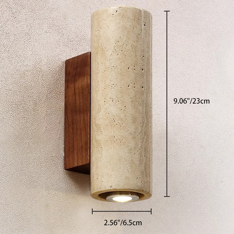 Traditional Japanese Rectangular Column Wood Stone 1-Light Wall Sconce Lamp For Living Room