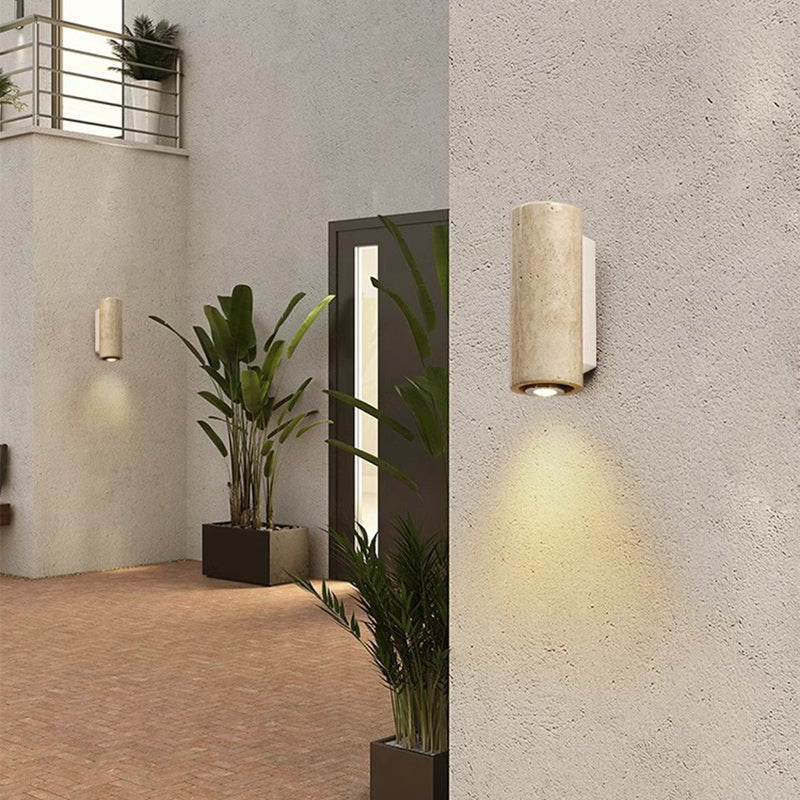 Traditional Japanese Rectangular Column Wood Stone 1-Light Wall Sconce Lamp For Living Room