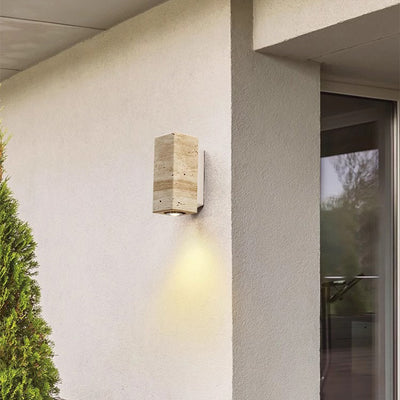 Traditional Japanese Rectangular Column Wood Stone 1-Light Wall Sconce Lamp For Living Room