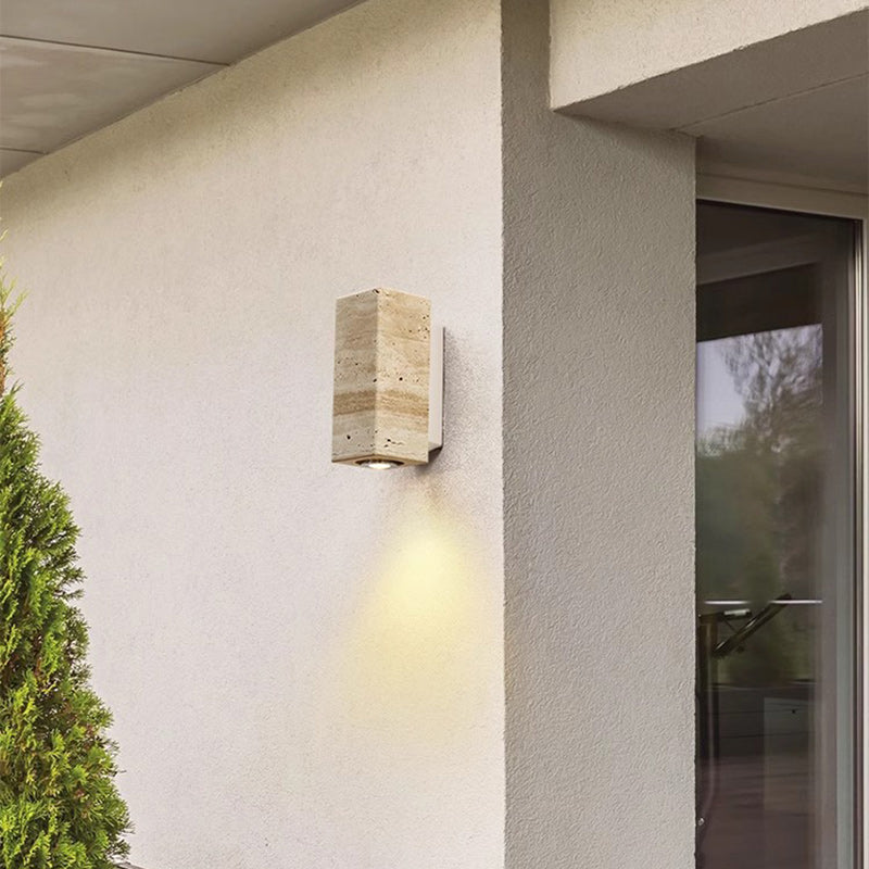 Traditional Japanese Rectangular Column Wood Stone 1-Light Wall Sconce Lamp For Living Room