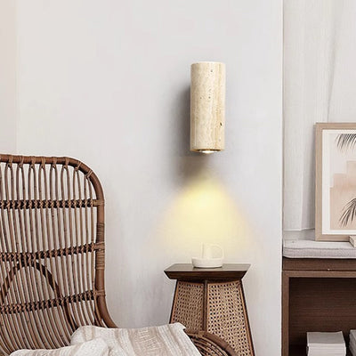 Traditional Japanese Rectangular Column Wood Stone 1-Light Wall Sconce Lamp For Living Room