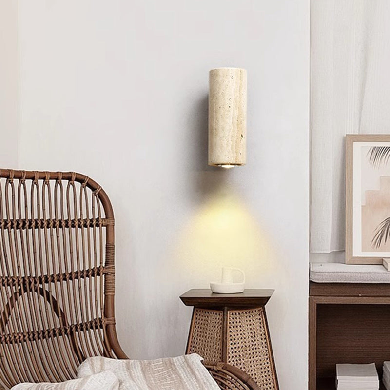 Traditional Japanese Rectangular Column Wood Stone 1-Light Wall Sconce Lamp For Living Room