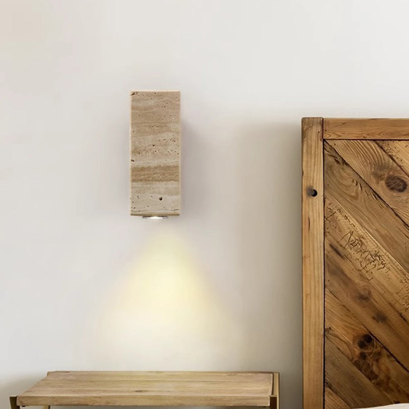 Traditional Japanese Rectangular Column Wood Stone 1-Light Wall Sconce Lamp For Living Room